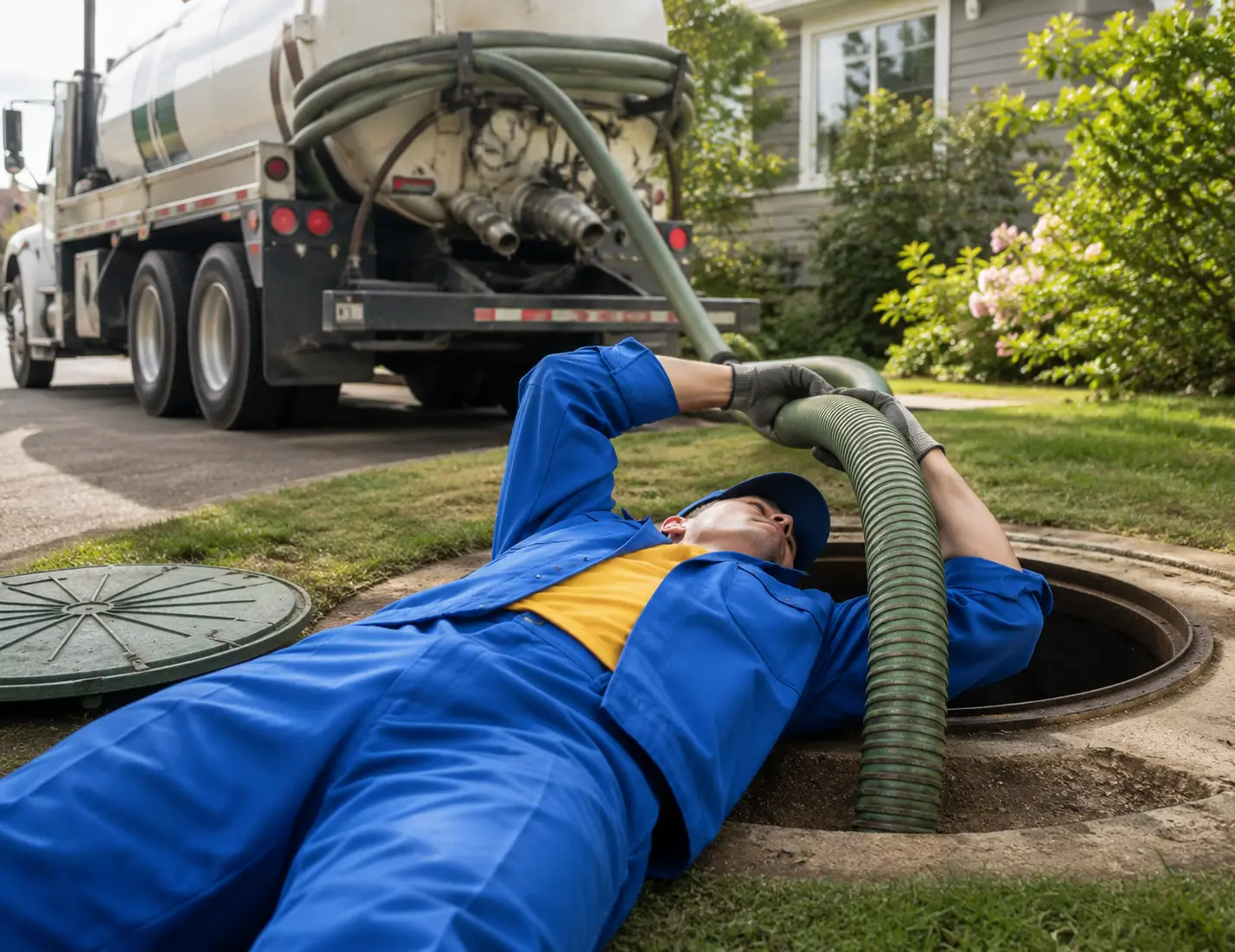 Septic tank pumping technician connecting a large vacuum hose to an open septic tank access point beside a residential home, with a septic service truck in the background.