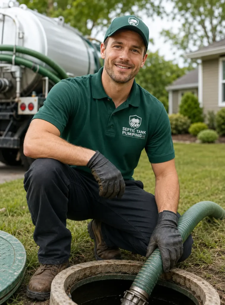 Septic tank pumping technician wearing a branded green polo and cap while connecting a vacuum hose to an open septic tank, with a service truck in a residential yard.