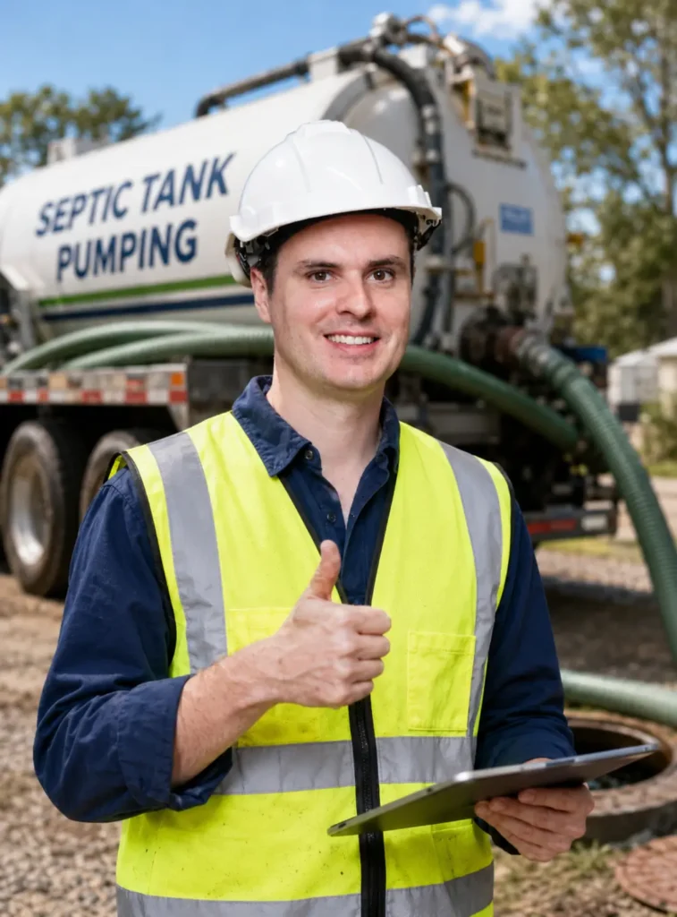 Septic tank pumping technician wearing a hard hat and safety vest giving a thumbs up while holding a clipboard in front of a septic service vacuum truck.