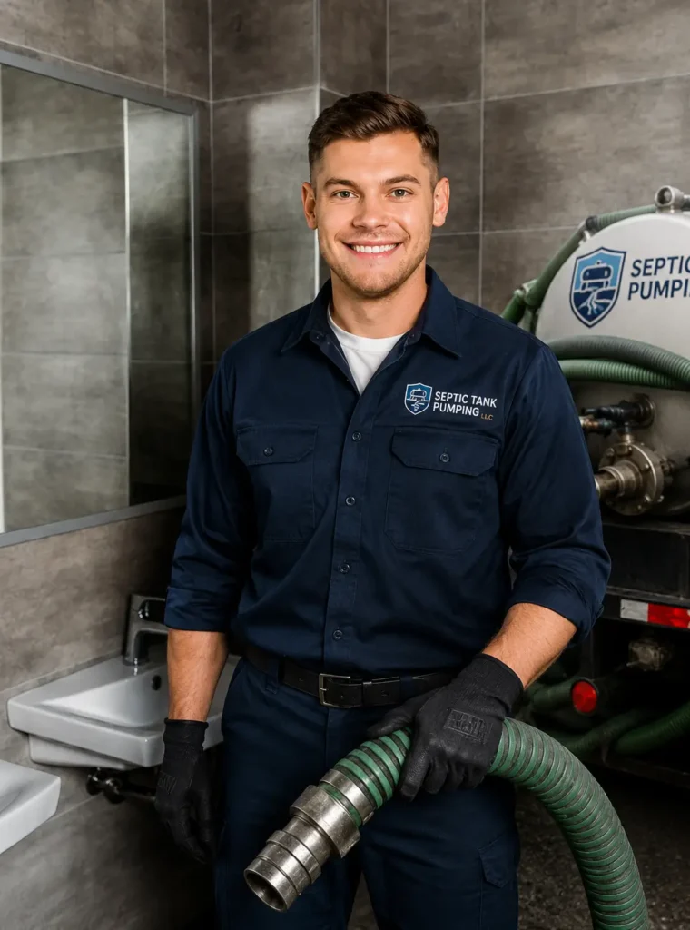 septic tank pumping technician in a branded navy uniform holding a vacuum hose beside septic service equipment in a clean utility room.