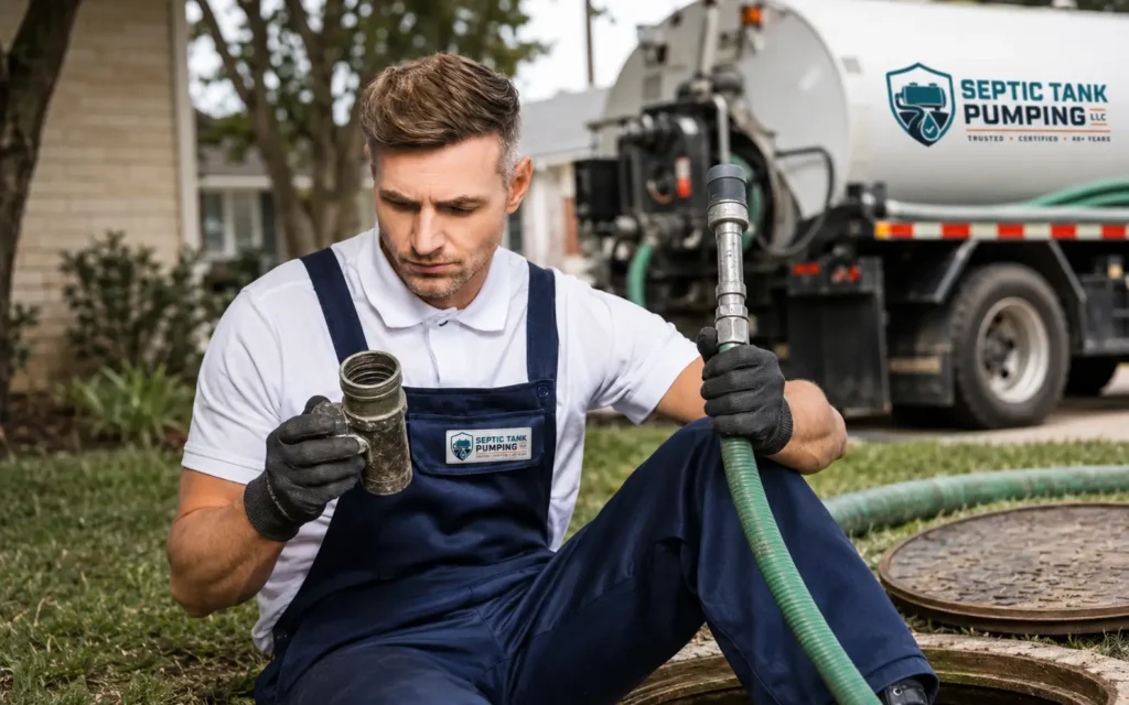 septic tank pumping technician inspecting a hose fitting and holding a vacuum hose beside an open septic tank, with a branded septic service truck in a residential yard.