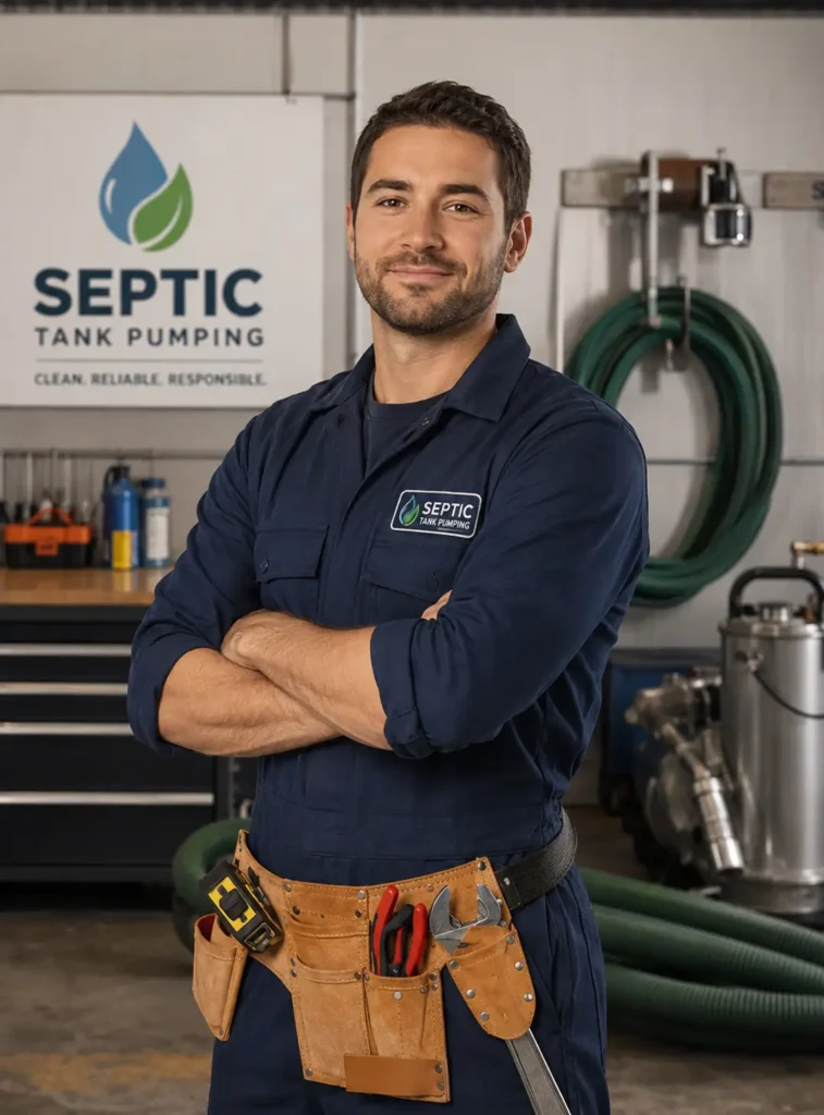 septic tank pumping technician standing with arms crossed in a service workshop, wearing a navy uniform and tool belt with septic hoses and equipment in the background.